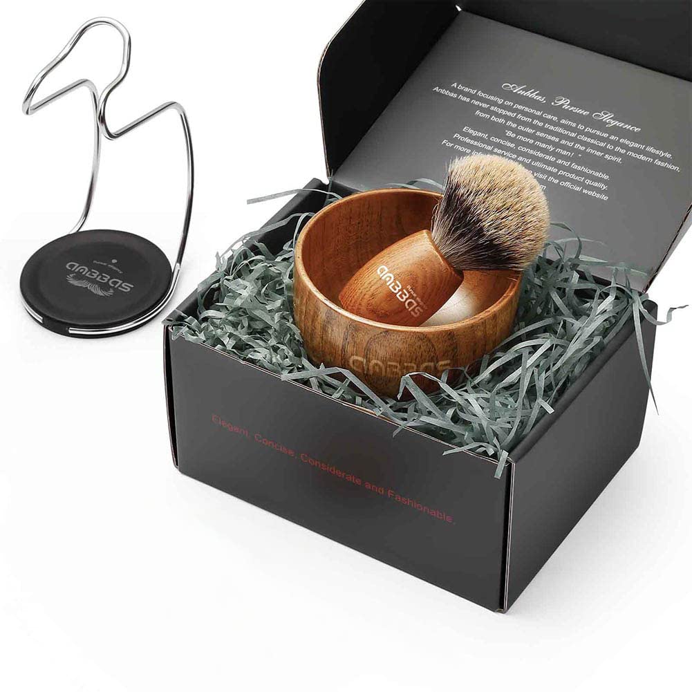 Anbbas Shaving Set, Pure Badger Hair Shaving Brush Wood Handle and Large Soap Bowl with Stainless Steel Shaving Stand 3IN1 Kit for Men