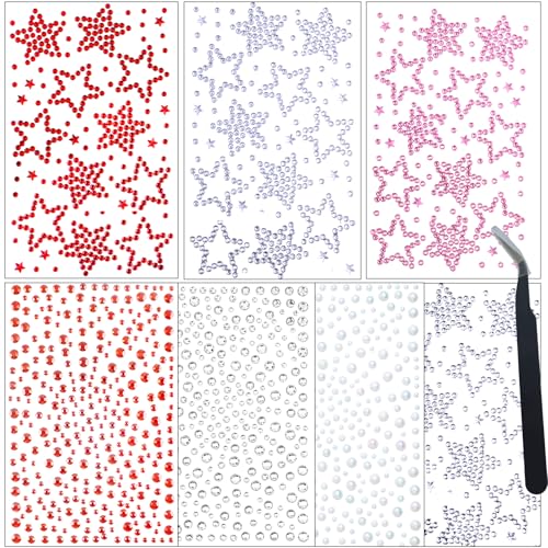 Self-Adhesive Face Gems Stickers with Star Rhinestones, 7 Sheets