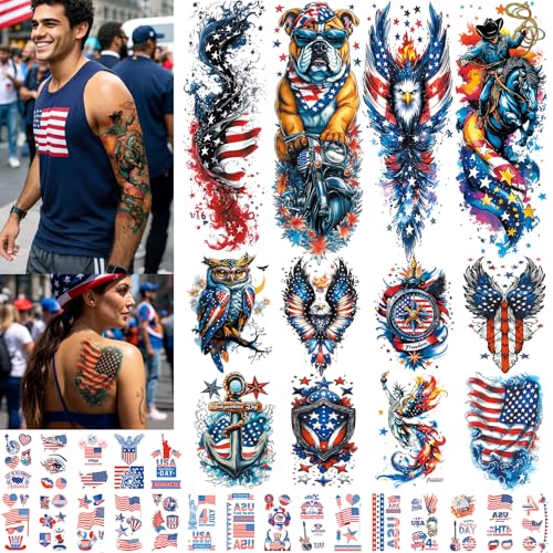 32 Sheets Independence Day Temporary Tattoo, USA Flag Patriotic Waterproof Fake Tattoos, Red White Blue Party Supplies Temp Tattoo Kits 4th of July Memorial Day, Veterans Day Summer Festivals