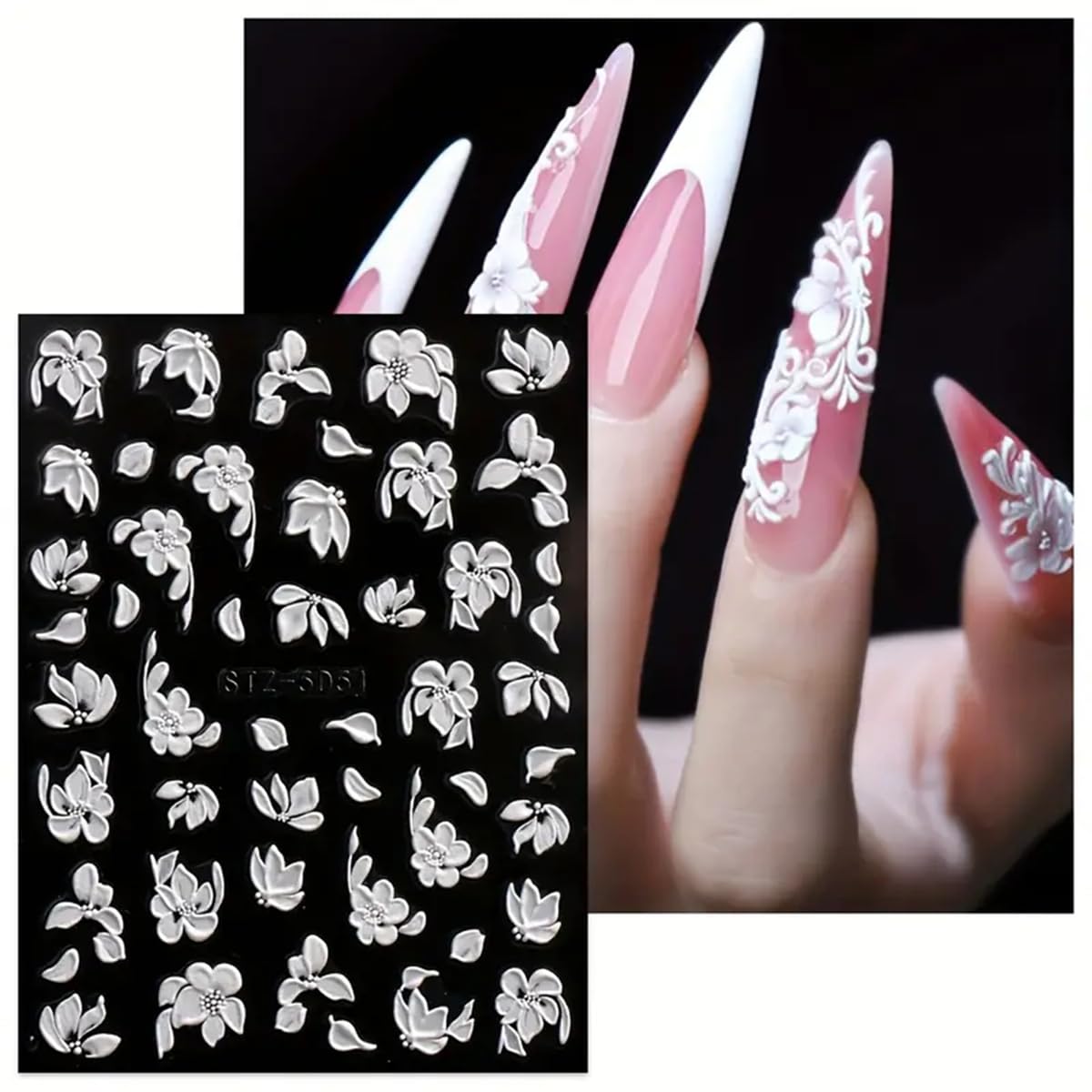 Flower Nail Art Stickers Decals White Flower Nail Stickers 5D Embossed Nail Decals Spring White Flowers Leaf Engraved Nail Art Design Supplies Flower Stickers for Nails Women Manicure Nail Decoration