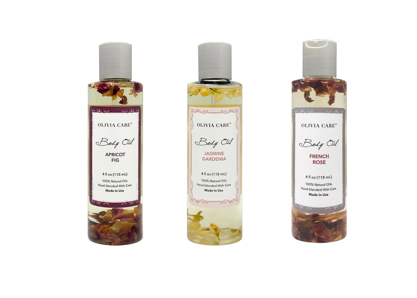 Olivia Care 3 Pack Body Oils: Apricot Fig, French Rose, Jasmine Gardenia - Natural Perfume Oils For Women & After Bath Oils Body Moisturizers, Rich in Vitamin E, K, & Omega (3 Scents)