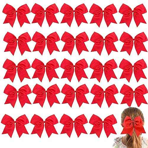 24Pcs 8" Large Cheer Hair Bows for Girls Ponytail Holder Grosgrain Ribbon Cheerleading Bows Elastic Hair Tie Bands for Girls Teens Softball Cheerleader Sports (Red)