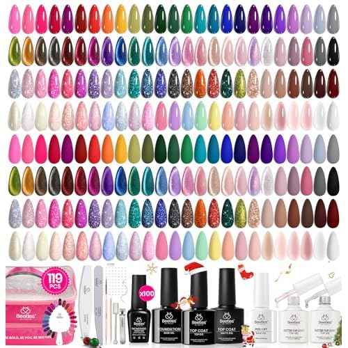 Beetles Nail Nook Gel Nail Polish Set - 119 PCS 100 Colors Gel Polish Kit Base Glossy Matte Glitter Top Coat Glitter Pearl Cat Eye White Red Pink Nude Uv Led Nails Gift for Women