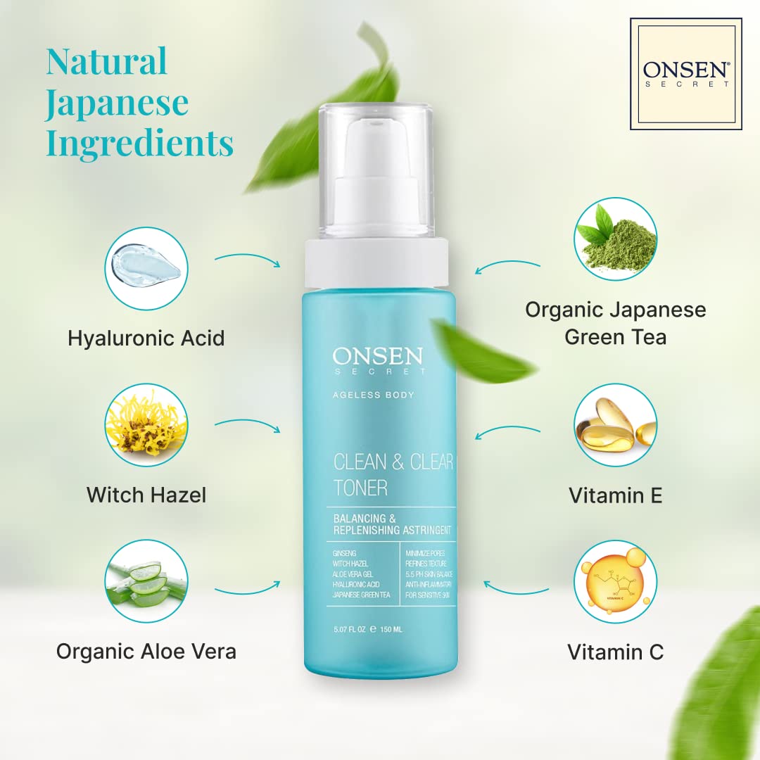 Onsen Secret Clean & Clear Face Toner - Balancing & Replenishing Astringent Daily Perfecting & Revitalizing Toner w/Witch Hazel, Aloe Vera, Green Tea, Alcohol-Free, Skin Care Toner for Face