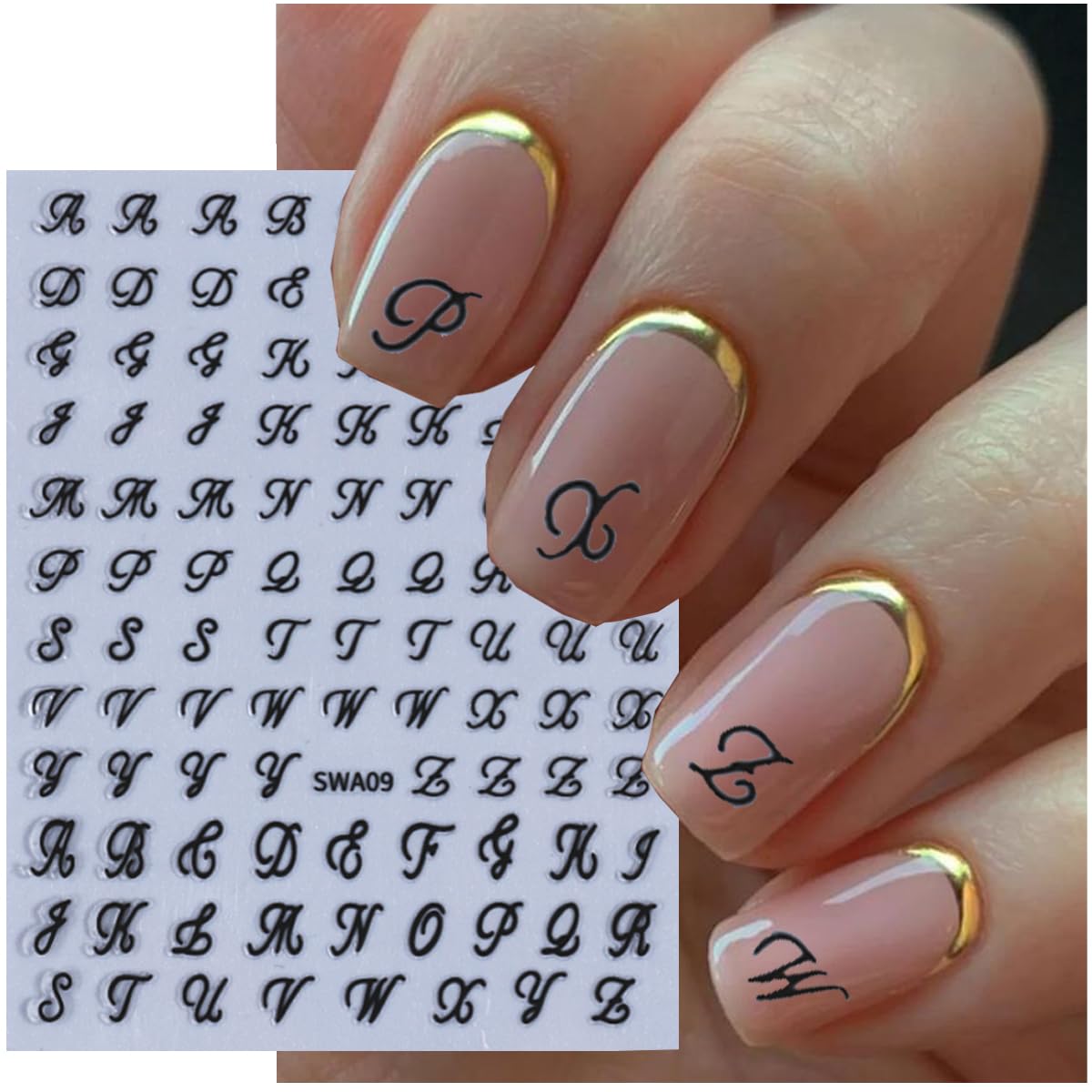 6 Sheets English Letters Nail Stickers for Nail Art Supplies 3D Self-Adhesive Gold White Laser Black Retro Letters Design Nail Art Stickers Alphabet Nail Decals for Women Nail Decoration Kit