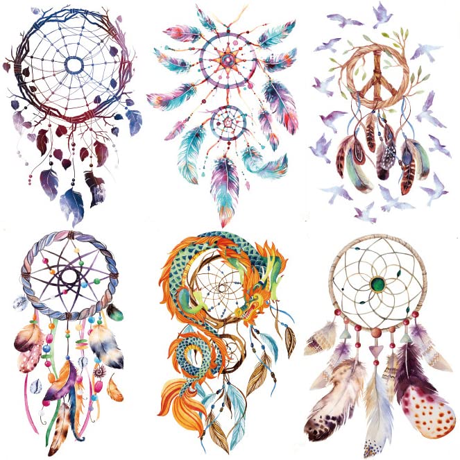 6 Sheet Temporary Tattoo Set - Large Waterproof Dream Catcher Design