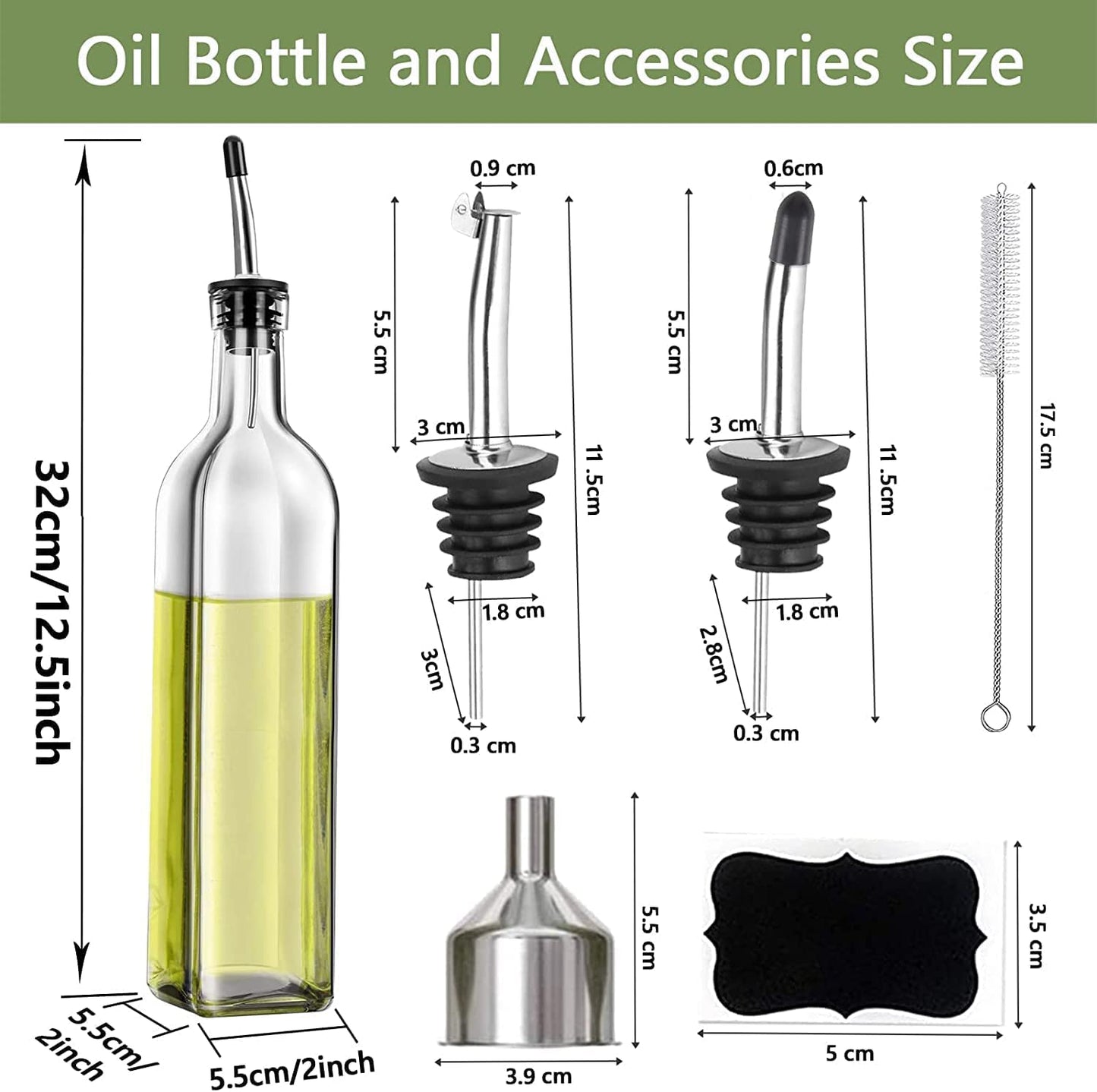 Leaflai Olive Oil Dispenser Bottle, 1 Pcs Glass Olive Oil Dispenser and Vinegar Dispenser Set with 2 Stainless Steel Pourers, 2 Labels,1 Brush and 1 Funnel Oil Bottles for Kitchen (500ml)