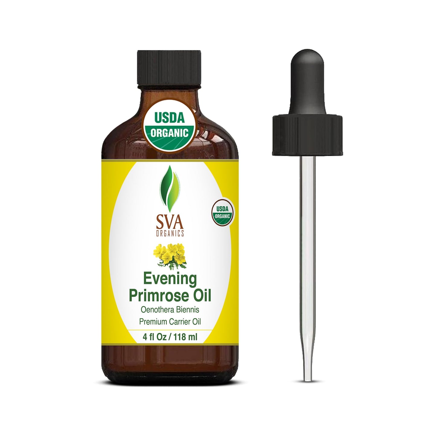 SVA Evening Primrose Oil Organic - 4 Fl Oz – 100% Natural Cold Pressed Organic Evening Primrose Oil - for Face, Skin Care, Hair Care, Scalp Massage & Body Massage – Carrier Oil with Dropper