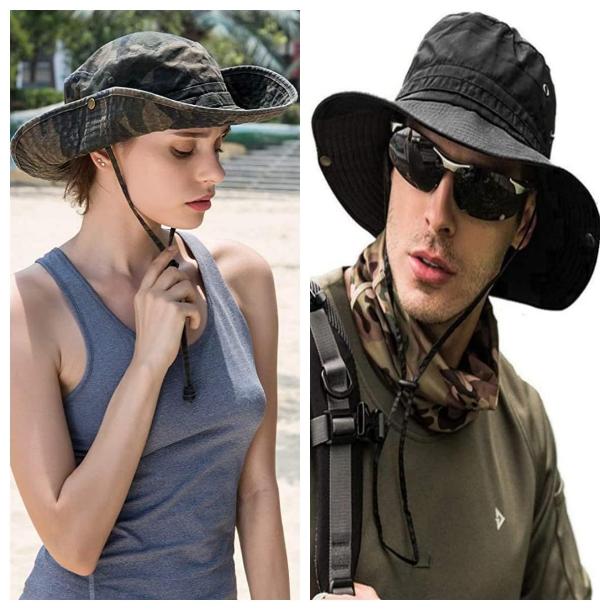 Sun Hats for Men Women Bucket Hat UPF 50+ Boonie Hat Foldable UV Protection Hiking Beach Fishing Summer Safari(2pack-Beige Digital+Navy)