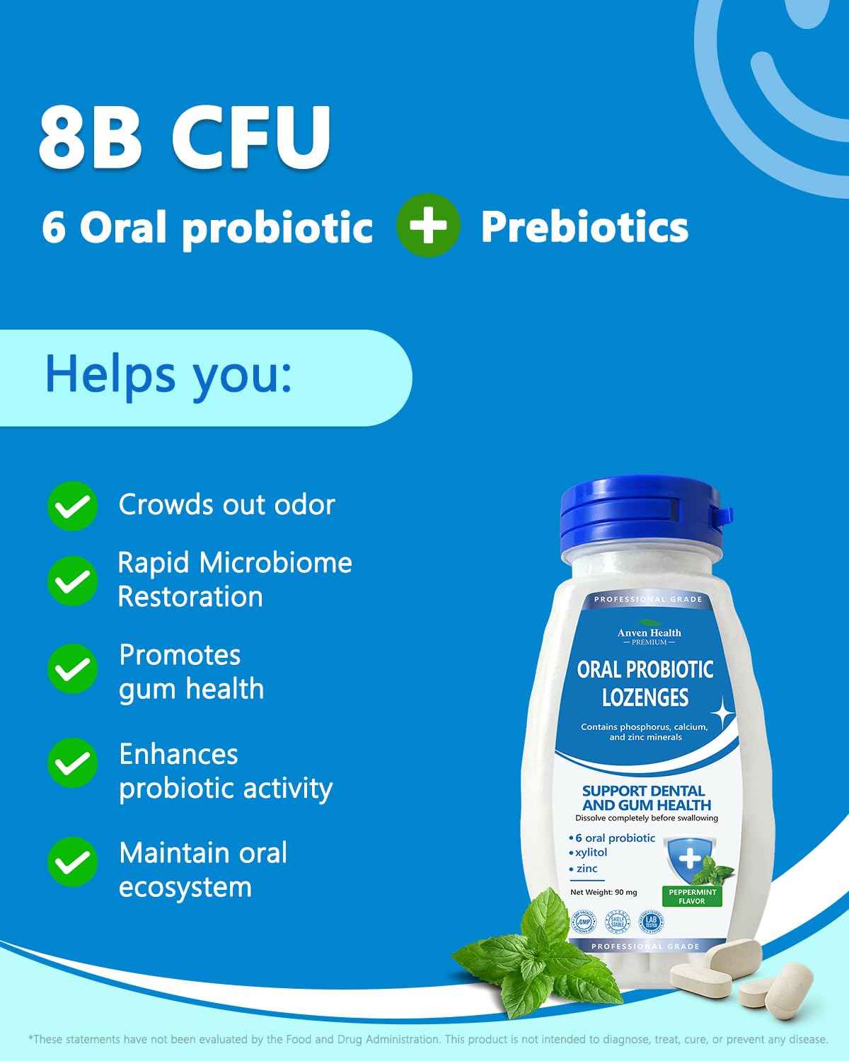 Anven Health Oral Probiotics Lozenges for Mouth Bad Breath & Gum Repair - 6 Strains with Prebiotic, Zinc & Ca for Dry Mouth Relief, Enamel Shield, Mint Flavor with Xylitol - 90 Lozenges, Sugar-free