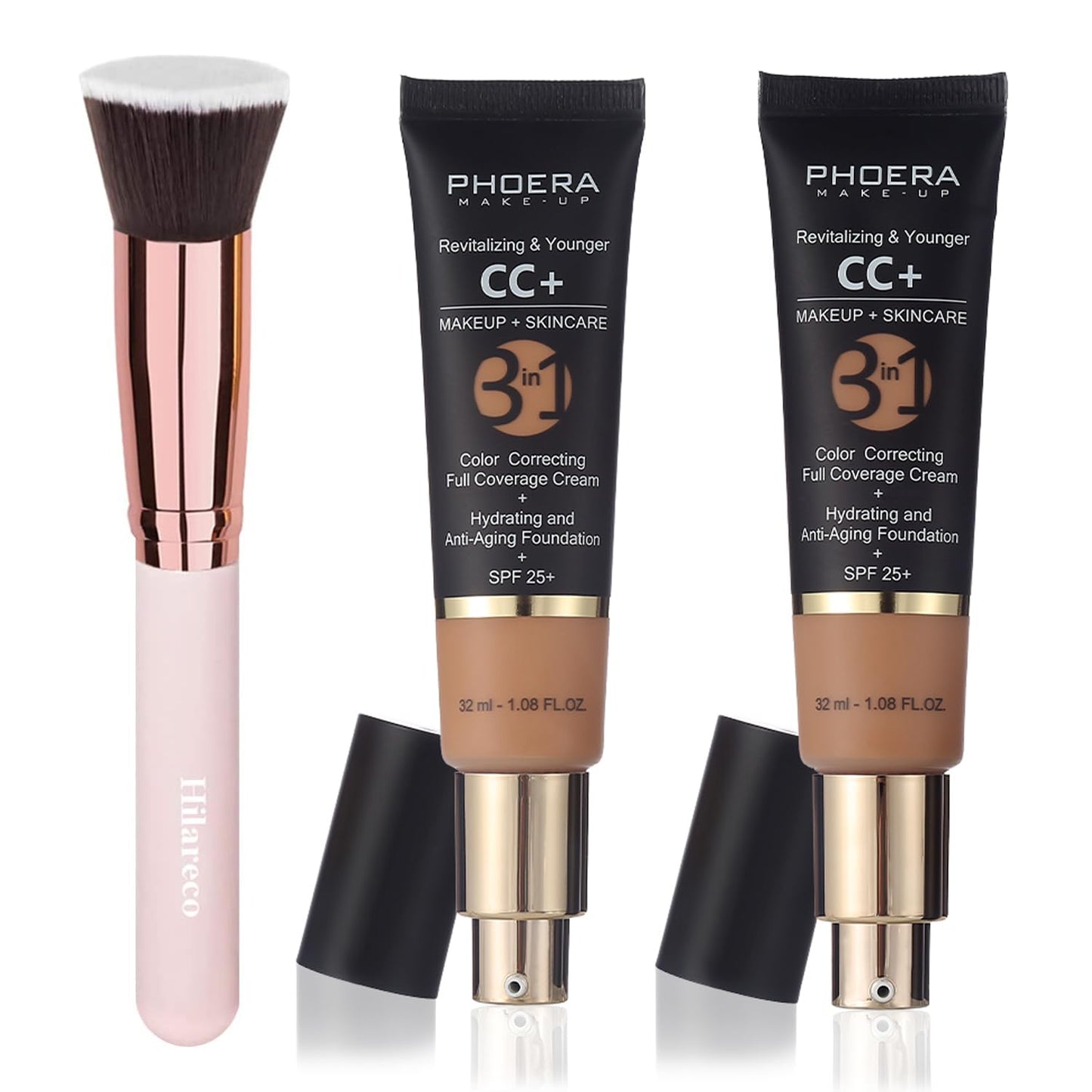 PHOERA CC Cream Foundation With SPF,PHOERA Full Coverage Foundation Color Correcting Cream,Anti Aging Hydrating Serum & SPF 25+ Sunscreen Natural Finish1.08 floz (140 Buff Beige+160 Sand)