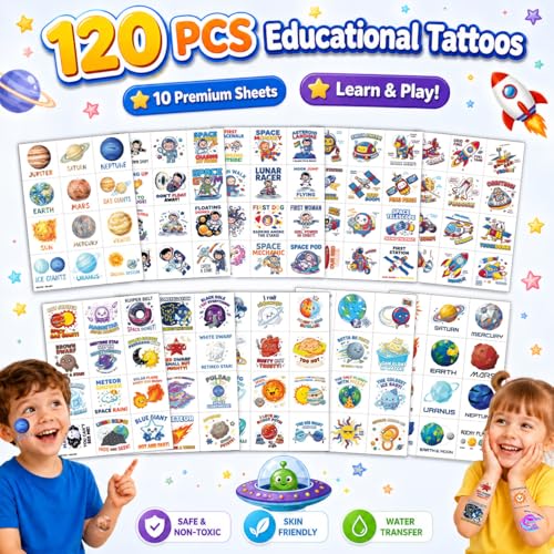 120 Pre-Cut Space Solar System Temporary Tattoos for Kids