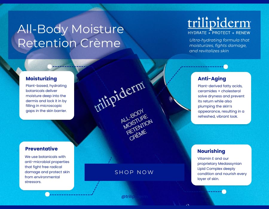 Trilipiderm All-Body Moisture Retention Crème – 2-PACK of 8 Ounce Airless Pump Bottles – Plant-Based All-Day Lightweight Hydration for Body and Face, Meadowfoam, Lipid Replacement