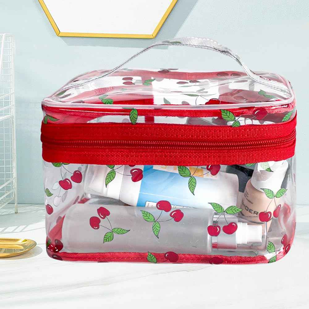 TotePrint Cherry Clear Cosmetic Bag Transprent Clear Makeup Bag Travel Pouch with Handle-Durable PVC Material,Versatile,Zipper Design for Smooth Sliding-Ideal for Makeup,Travel Essentials (Cherry)
