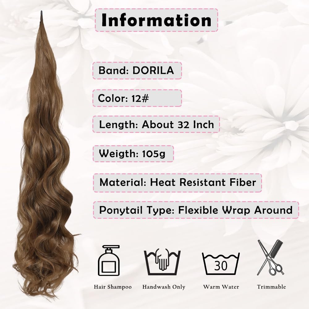 DORILA Ponytail Extension Flexible Wrap Around Ponytail Hair Extensions 32 Inch Long Curly Pony Tails Hair Extensions Wavy Hair Ponytails Hairpieces For Women Daily Use (12#)