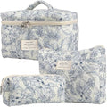 Makeup Bag Set, Large Travel Cosmetic Bags for Women, 3pcs Cute Floral Makeup Bags, Cotton Quilted Toiletry Organizer Bag, Women's Emergency Bag (Flower-Deep Blue)