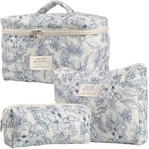 Makeup Bag Set, Large Travel Cosmetic Bags for Women, 3pcs Cute Floral Makeup Bags, Cotton Quilted Toiletry Organizer Bag, Women's Emergency Bag (Flower-Deep Blue)