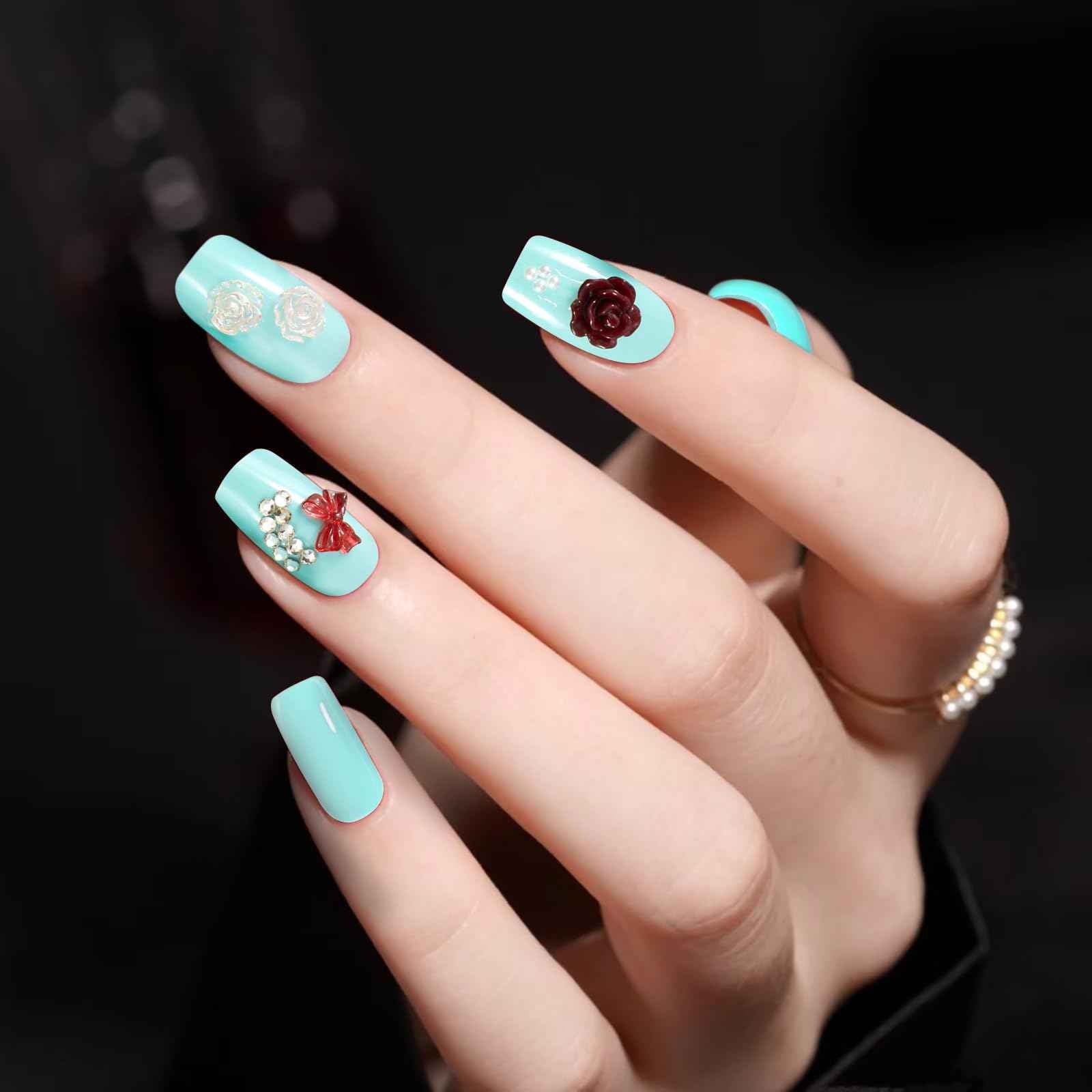 SILPECWEE 6 Boxes Nail Rhinestones and Charms, 3D Flower Butterfly Bow Nail Art Charms Nail Gems Diamond Pearls Glass Crystal Clear Silver Caviar Beads Metal Nail Chain Nail Jewelry Decoration