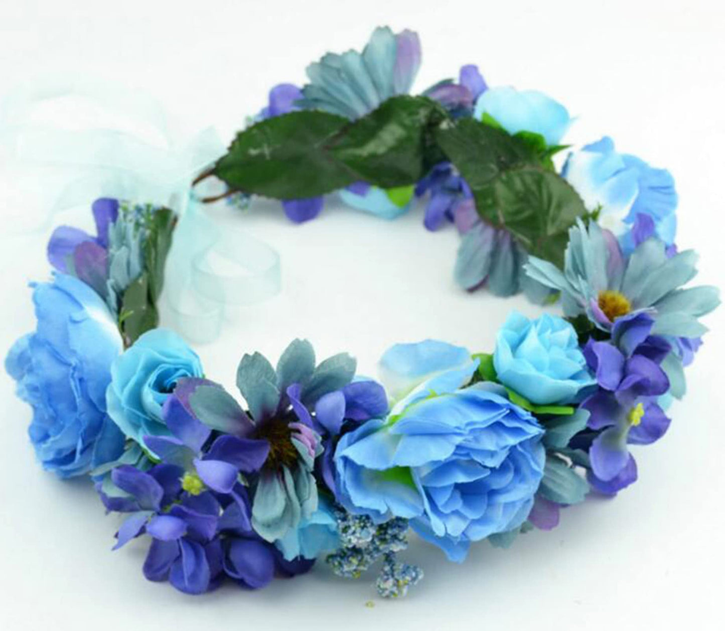 Vivivalue Rose Flower Crown Flower Garland Headband Hair Wreath Floral Headpiece Halo Boho with Ribbon Wedding Party Festival Photos Blue