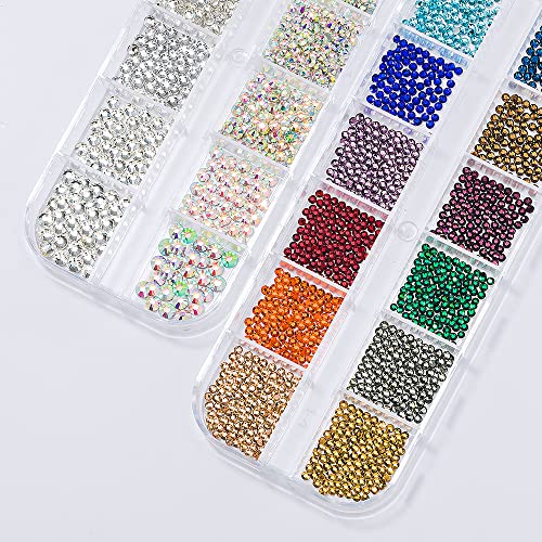 6Grids 3000Pcs Flatback Rhinestones, Champagne Color Nail Gems Crystals Jewels, Craft Glass Diamonds Stones Bling Rhinestone with Tweezers and Picking Pen for Nail Face Makeup(1.8mm~4mm Crystal)