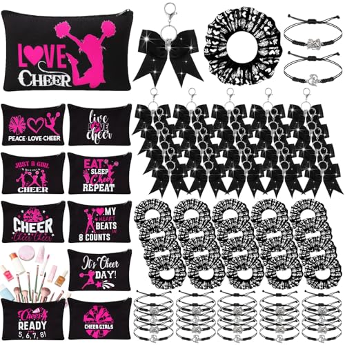 Mimorou 80 Pcs Cheer Gift Bulk for Team Cheerleader Gifts Include 20 Cheerleader Bracelet 20 Cheer Makeup Bag 20 Keychain 20 Scrunchies for Cheerleading Party Favors
