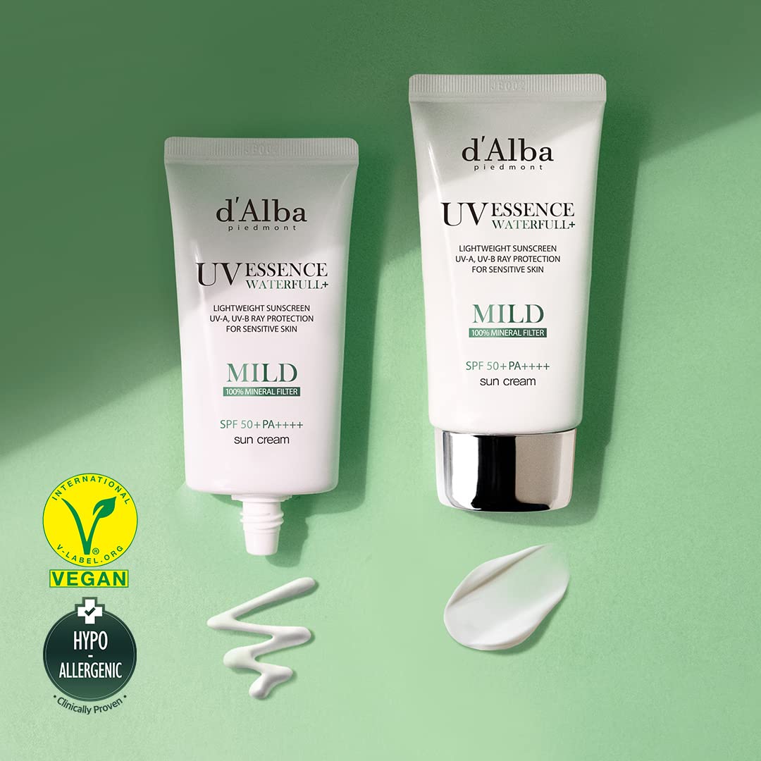 d'Alba Italian White Truffle Waterfull Mild Sunscreen, Vegan Skin care, Mineral Sunscreen with SPF 50+ PA++++, Non-Nano Sunscreen Suitable for Sensitive Skin, Gentle and Light Finish, Korean Skin Care