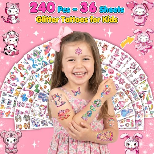 36 Sheet Glitter Temporary Tattoos for Kids, 240 Designs