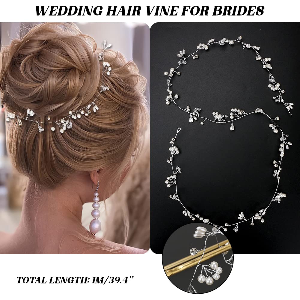 WIOR Wedding Hair Vine for Brides, 39.4 Inch Crystal Beads Bridal Hair Pieces with 4 Pearl Hair Pins, Handmade Rhinestones Headpieces Wedding Hair Accessories for Bride Bridesmaids Prom Party - Silver