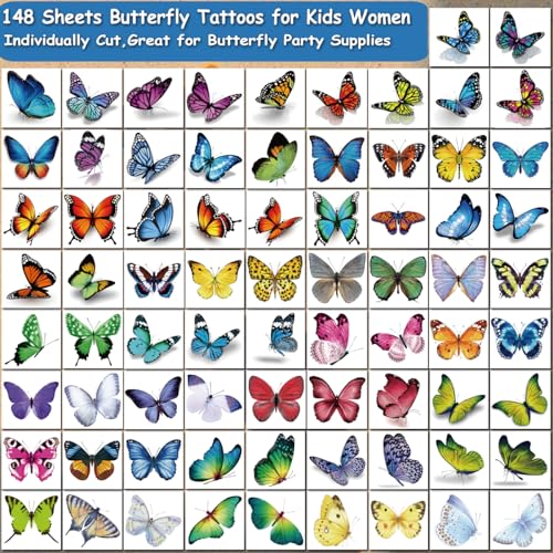 148 Individually Sheets Butterfly Temporary Tattoos for Girls Women - 3D Realistic Butterfly Tattoos for Kids Birthday Party Favors Goodie Bag Fillers