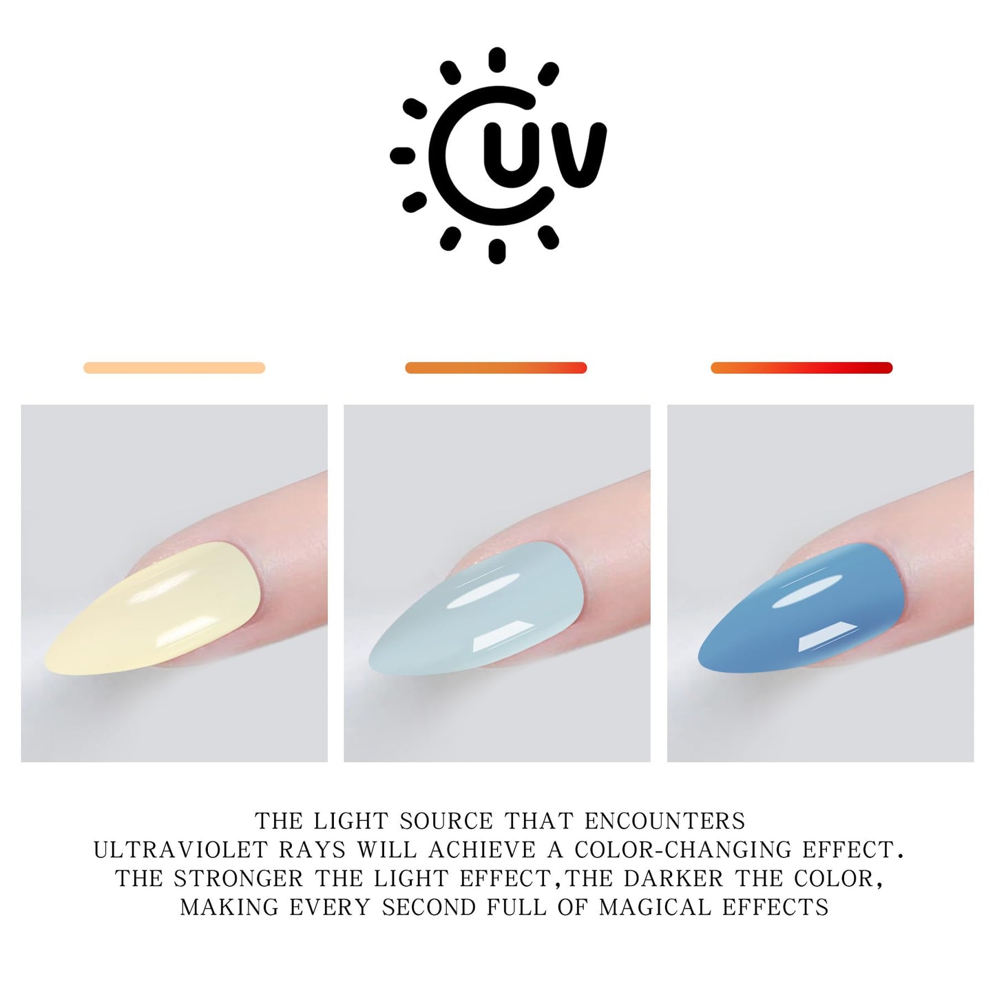 Color Changing Press on Nails Sun Actived Stiletto Tips Beige To Blue With Ultraviolet Light Pure Mood Change Fake Nails 24pcs