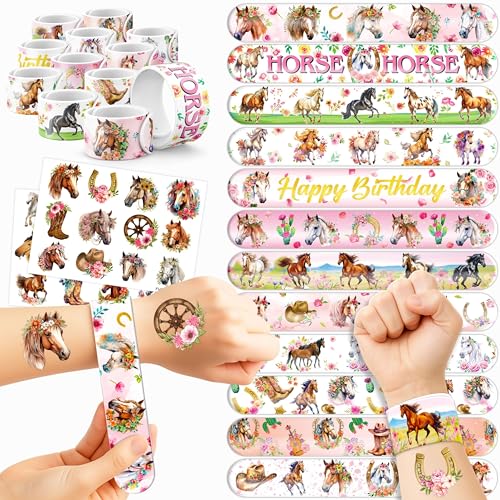 48PCS Floral Horse Party Set - 24PCS Temporary Tattoos & 24PCS Slap Bracelets - Cute Horse-Themed Birthday Supplies, Baby Shower Gifts, Classroom Rewards & Party Decor for Kids (Boys & Girls)