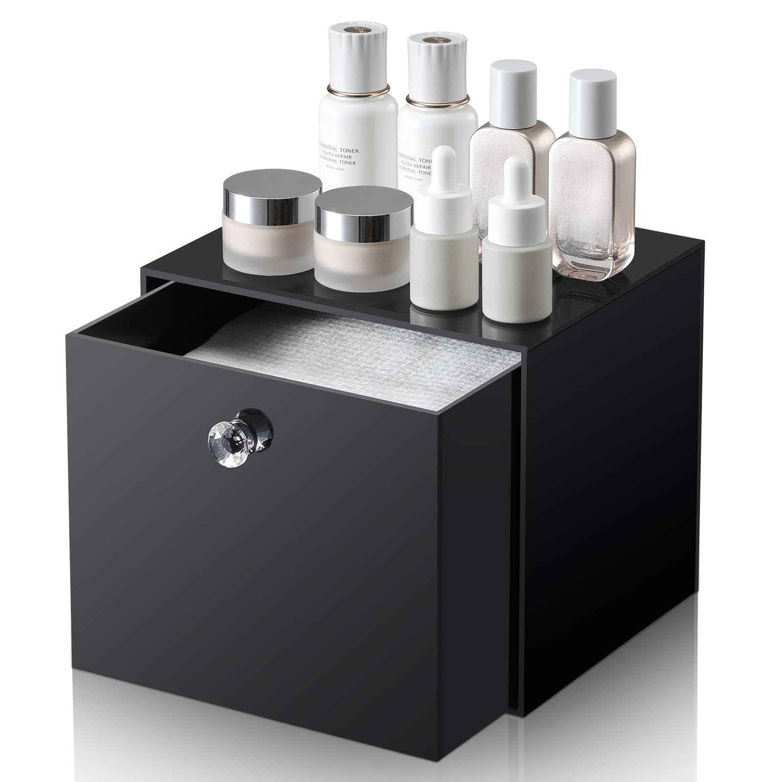 LANDNEOO Disposable Face Towel Container Box Compatible with Clean Skin Club Clean Towel XL, AcrylicTowel Storage Bin with Drawer, Makeup Organizer stackable holder, Ideal for Vanity, Bathroom, Black