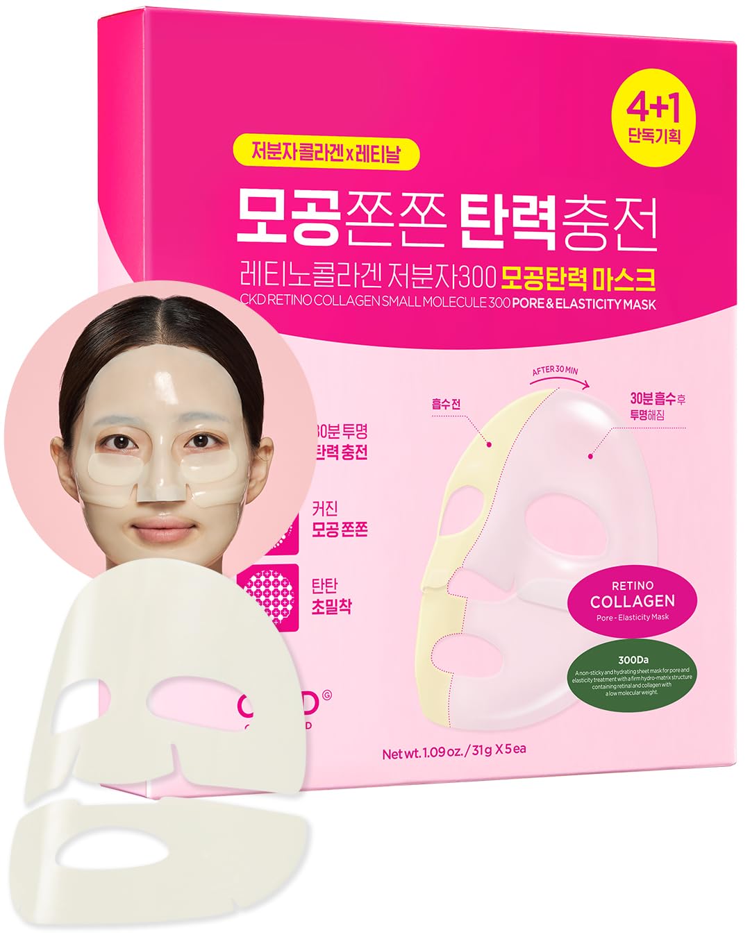 CKD Pore Elasticity Mask with Retino Collagen Small Molecule, Hydrogel Anti-aging Face Sheet Mask Tightens Pores & Sagging Skin, Moisturizing Face Mask to Restore Elasticity & Firmness, 5 Sheets