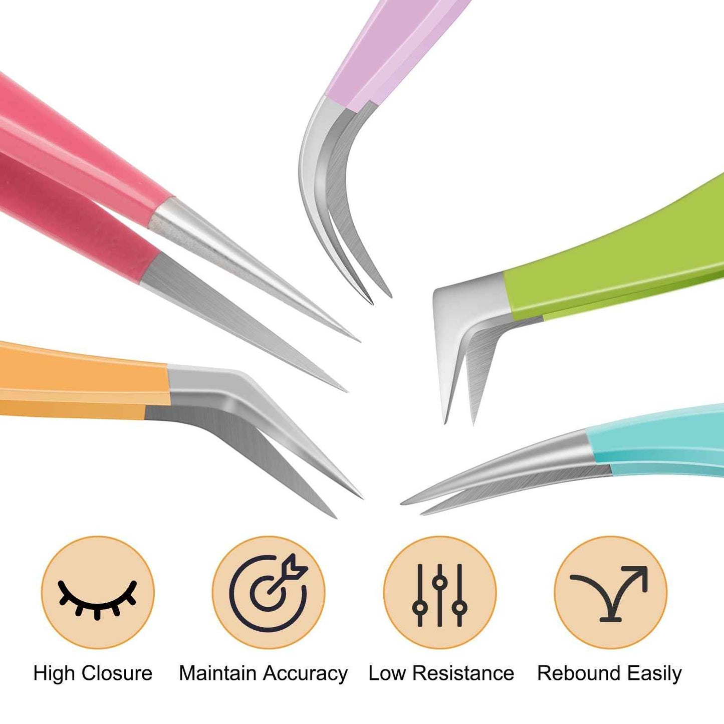 POCMKO Lash Tweezers for Eyelash Extensions, Lash Extension Tweezer Kit for Beginner, Colorful Eyelash Tweezers Set of 5 for Volume, Isolation and Classic Lashes