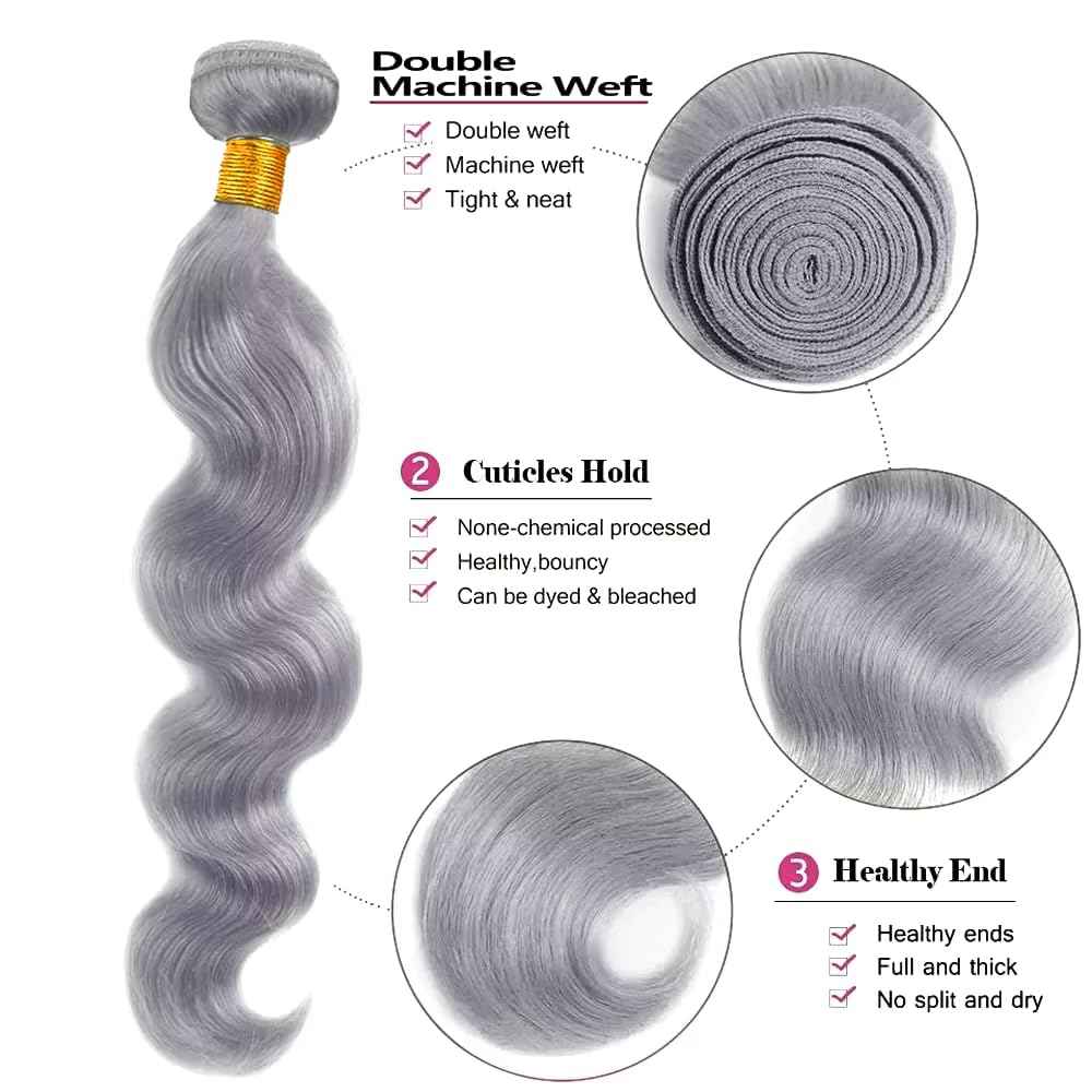 Grey Bundles Body Bundles Human Hair 28 Inch Unprocessed Brazilian Virgin Weave Hairs Gray 1 Bundle 50 Gram Per Bundle Human Hair Extensions