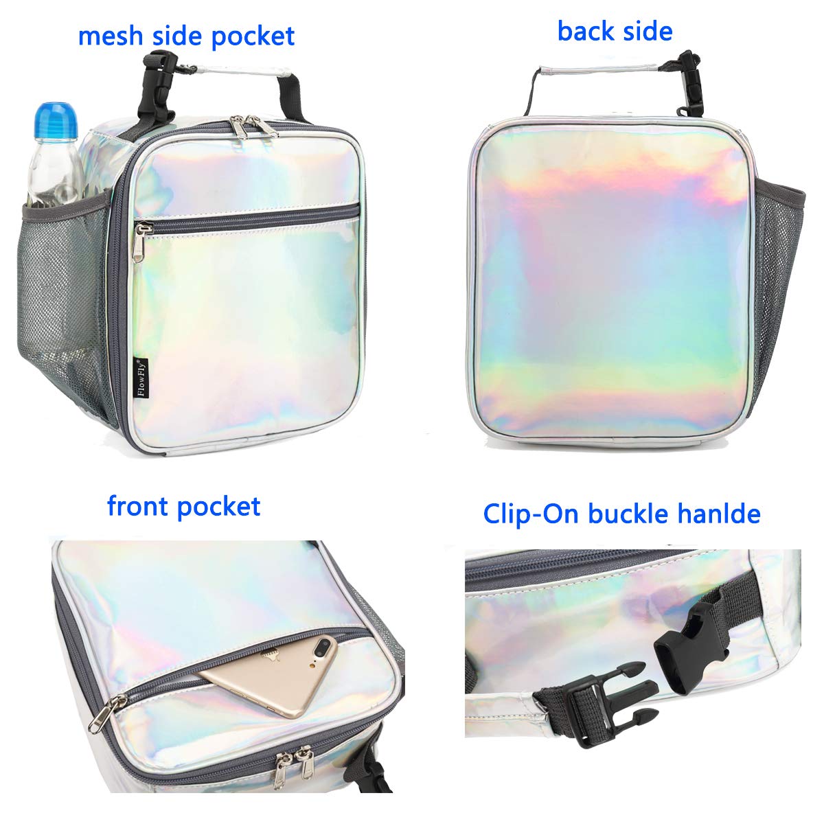 FlowFly Kids Lunch box Insulated Soft Bag Mini Cooler Back to School Thermal Meal Tote Kit for Girls, Boys(Holographic)