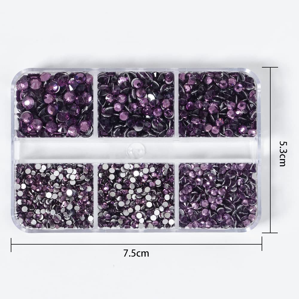 6Grids 3000Pcs Clear Flatback Rhinestones, Lotus Purple Nail Gems Crystals Jewels, Craft Glass Diamonds Stones Bling Rhinestone with Tweezers and Picking Pen For Nail Face Makeup(1.8mm~4mm Crystal)