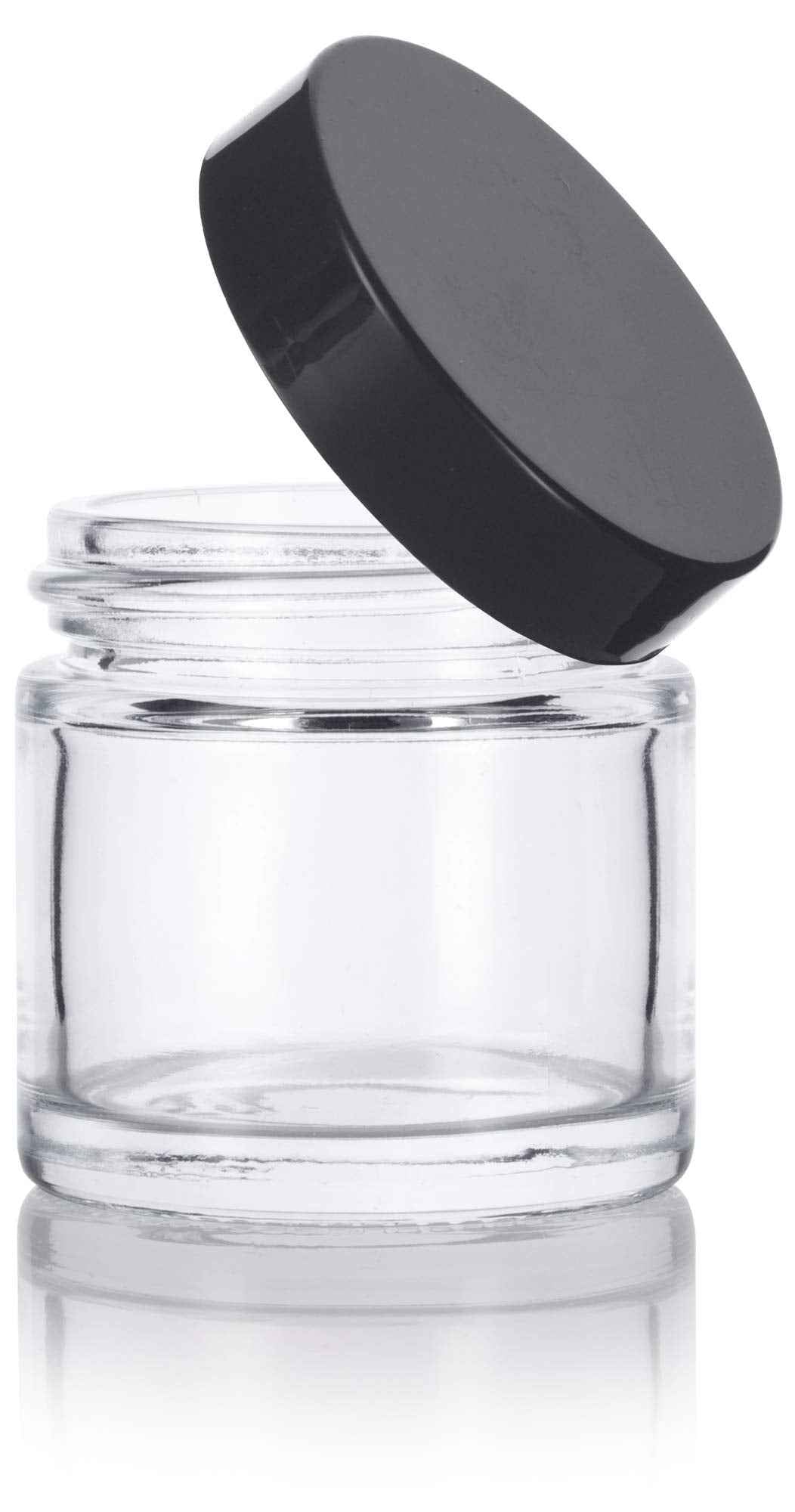 JUVITUS 1 oz / 30 ml Clear Thick Glass Straight Sided Jar With Black Lids (6 pack)