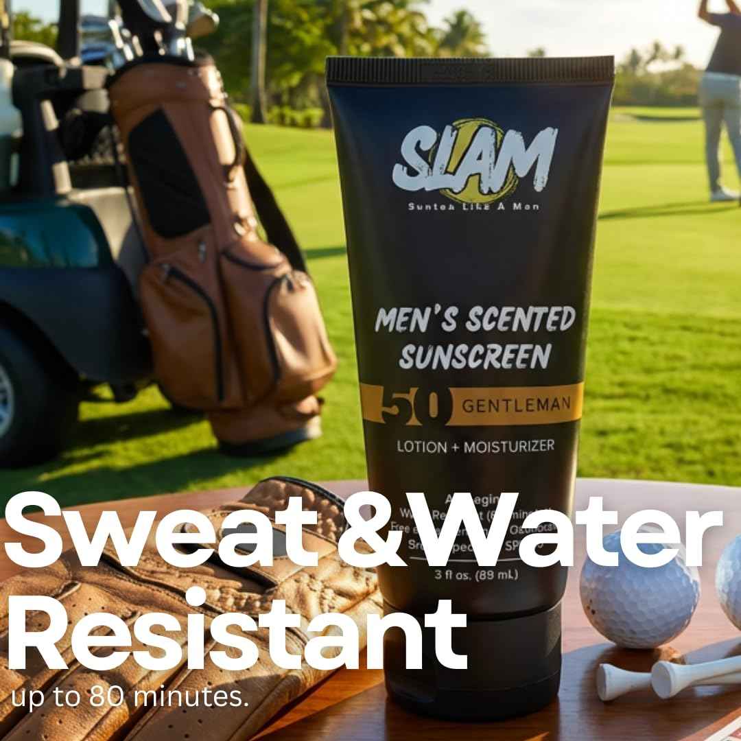 SLAM MysteryMan Men's Sunscreen Lotion SPF 50 & Moisturizer – Face & Body Sunblock, Anti-Aging, Water-Resistant, Hawaii Act 104 Safe, Daily Sport Skincare for Men, Scented – 3 fl oz. Double pack.