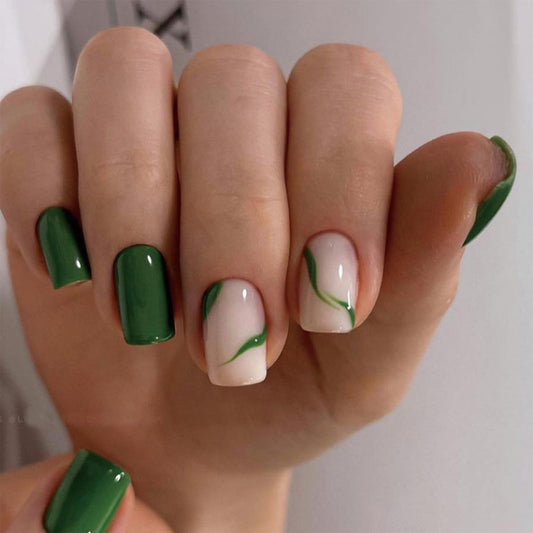 SINHOT Green Press on Nails Medium Square Fake Nails Glossy Glue on Nails Stiletto Acrylic Nails Green Line Arificial Nails Stick on False Nails with Design 24 pcs