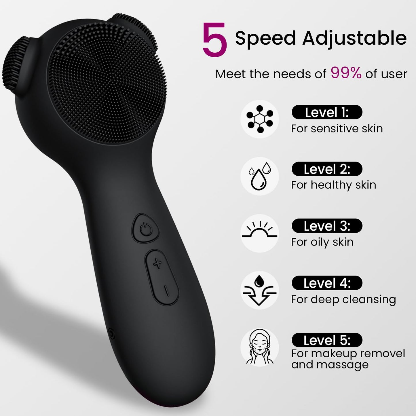 Silicone Face Scrubber Exfoliator Electric for Men Women, Rechargeable Facial Cleansing Brush with Wireless Charging Dock, Waterproof Sonic Vibrating Face Scrub Brush Cleanser for Exfoliating, Black