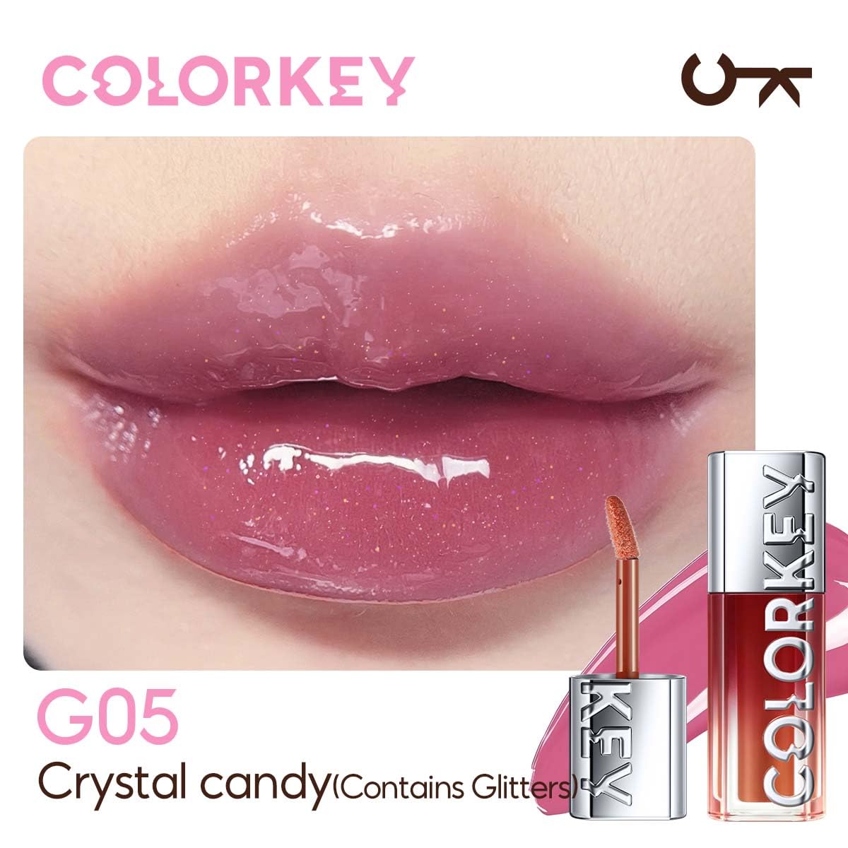 COLORKEY 3D Plump Oil Lip Gloss, High-shine Finish, Lip Tint, Moisturizing, Non-Sticky, Clear and Natural, Glassy Shine (G05 Crystal candy(Contains Glitters), 3ml)