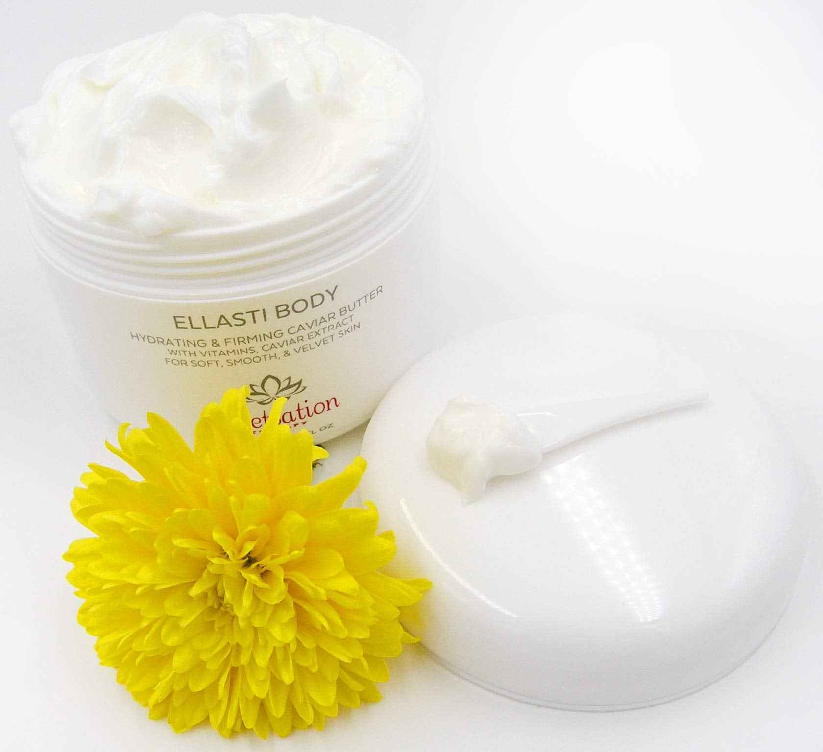 Sweetsation Therapy / YUNASENCE ELLASTIBODY Hydrating Firming Caviar Butter Moisturizing Cream, with Caviar Extract, Vitamin E, Reishi, Avocado & Green Tea. 9.5oz. For soft, comforted skin.