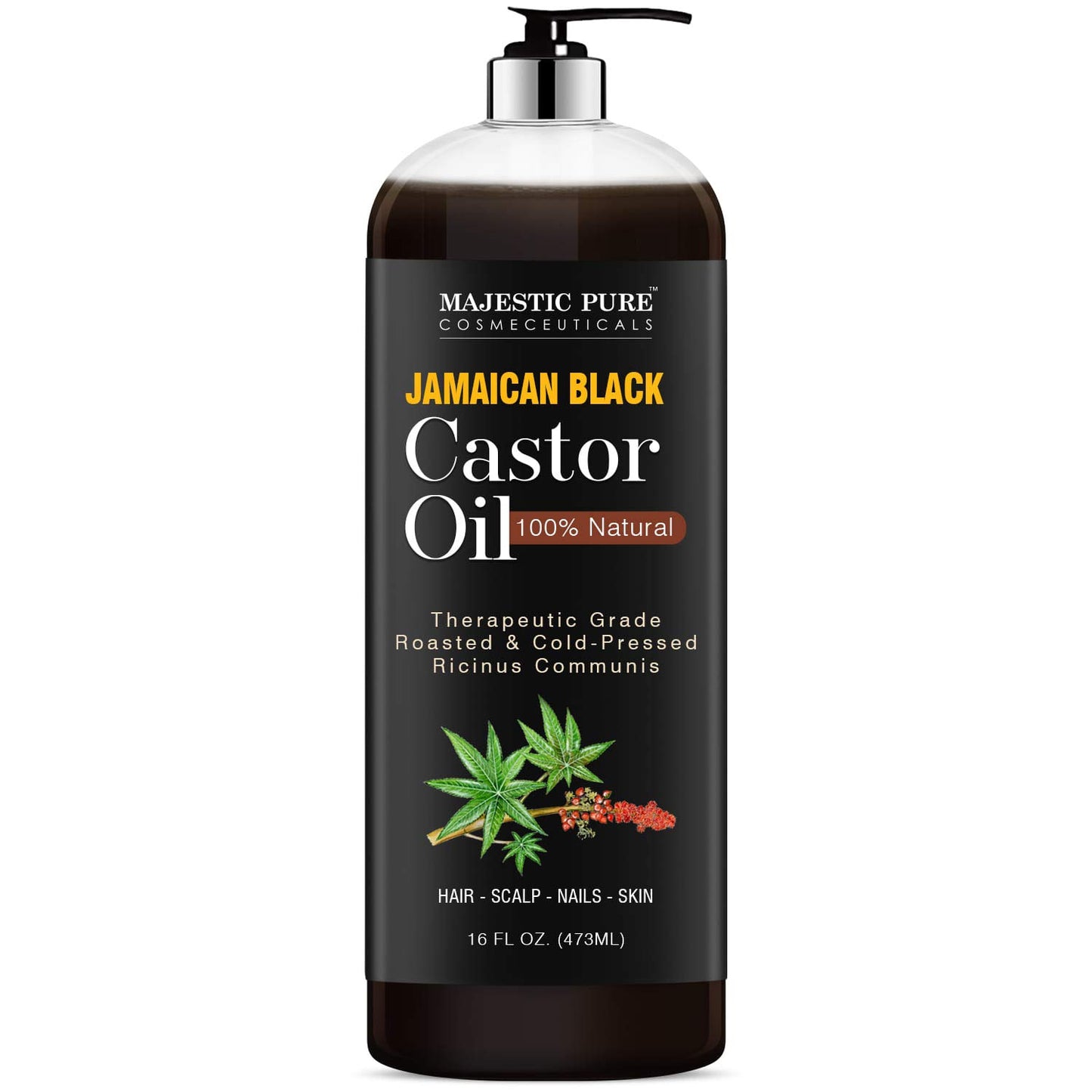 Majestic Pure Jamaican Black Castor Oil for Hair Growth & Natural Skin Care - Roasted & Cold-Pressed - Massage, Scalp, Hair and Nails - 16 fl oz