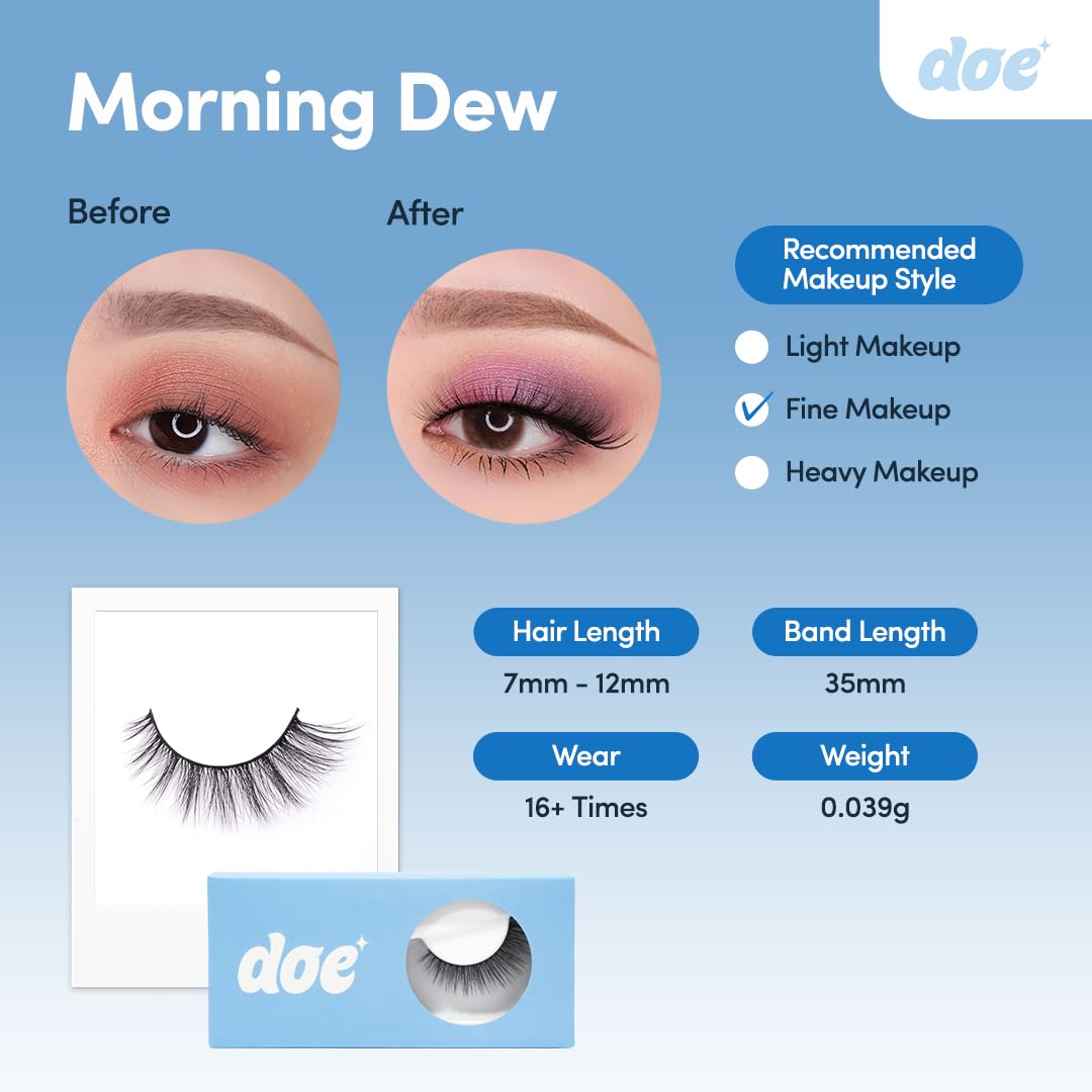 Morning Dew - Reusable 15 Wears, Natural Looking Vegan False Lashes, Handmade from Korean Silk. Lightweight Cruelty Free Eyelash for Everyday Look - 1 Pair