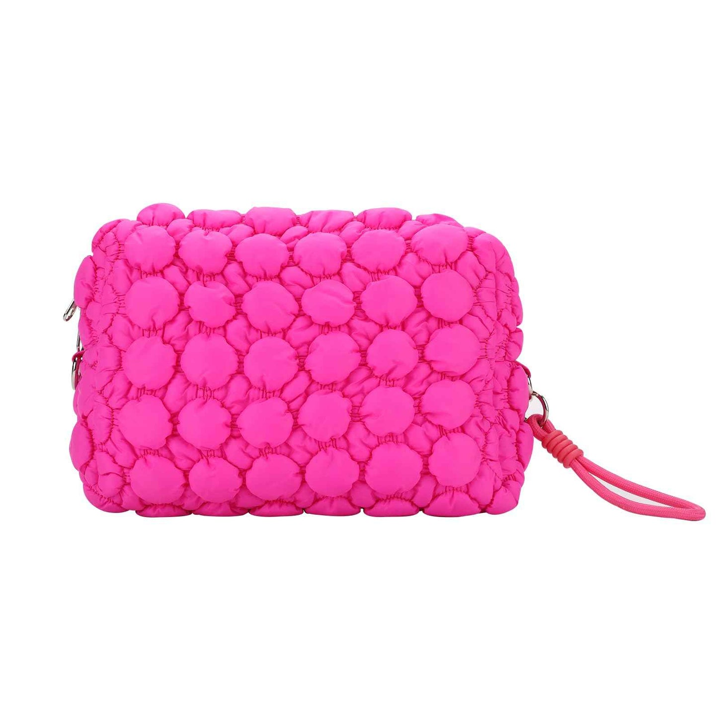 ZORVIC Quilted Ruffle Makeup Bag, Travel Toiletry Organizer for Women with Wrist Strap, Cute Aesthetic Cosmetic Bag for Daily, Work, Ideal Gift (HOT PINK)
