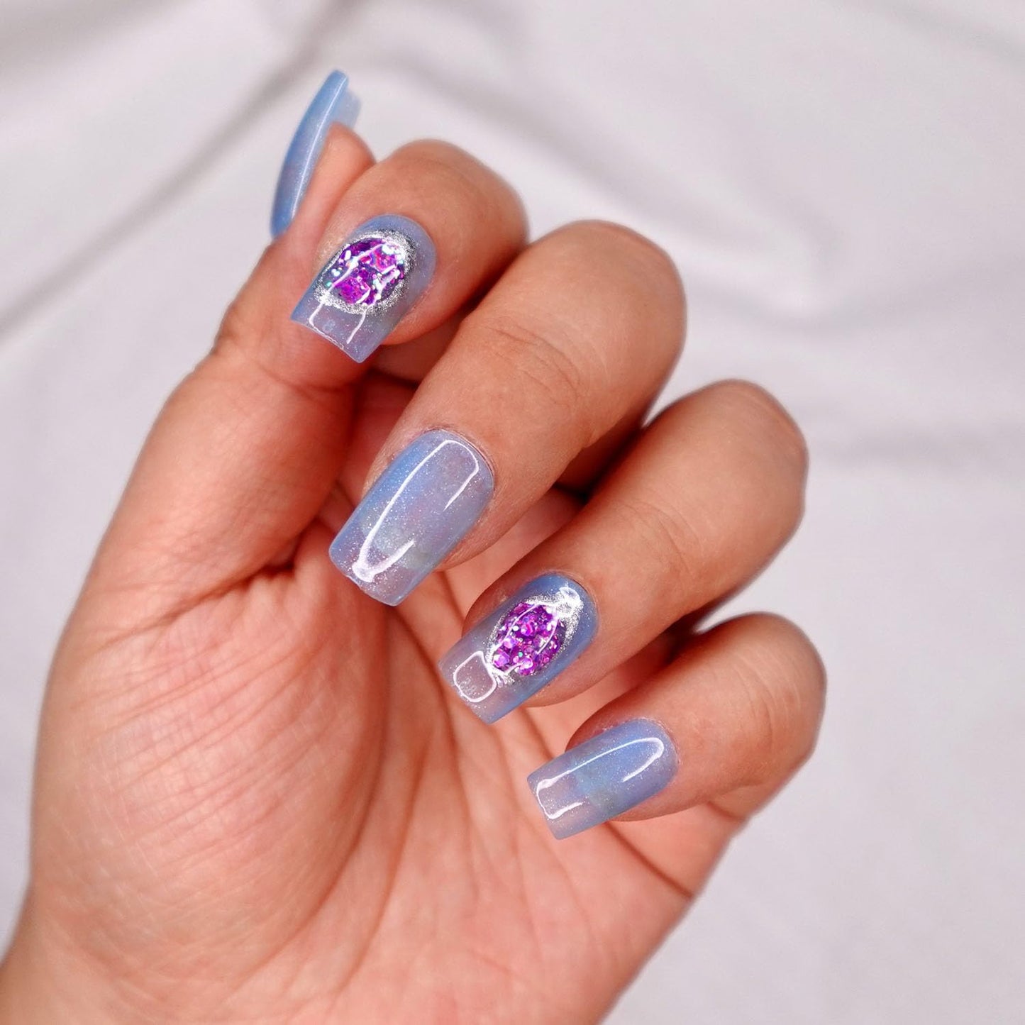 10 Pcs Handmade Press on Nails (X-Small, Quad Lake - Jelly Baby Blue Frost and Purple Gem Design/Short Square) A121XS