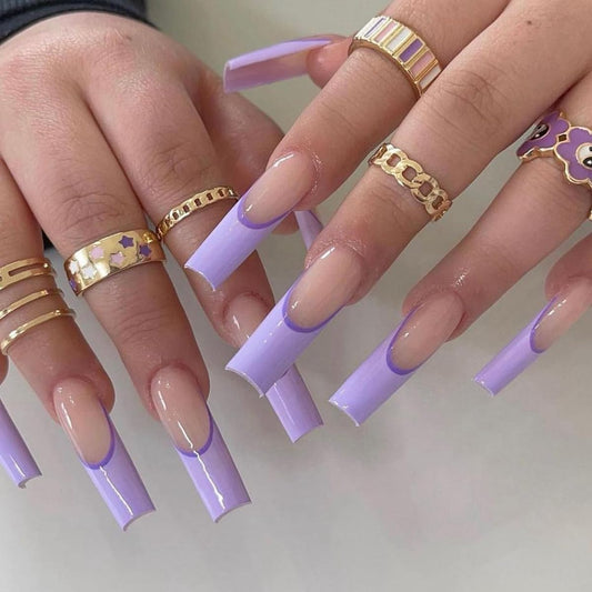 Summer Press on Nails Extra Long Coffin Fake Nails French Tips Acrylic Nails Purple Swirl Lines Glue on Nails Nude Glossy Artificial Nails DIY Daily for Women and Girls 24 PCS Manicure