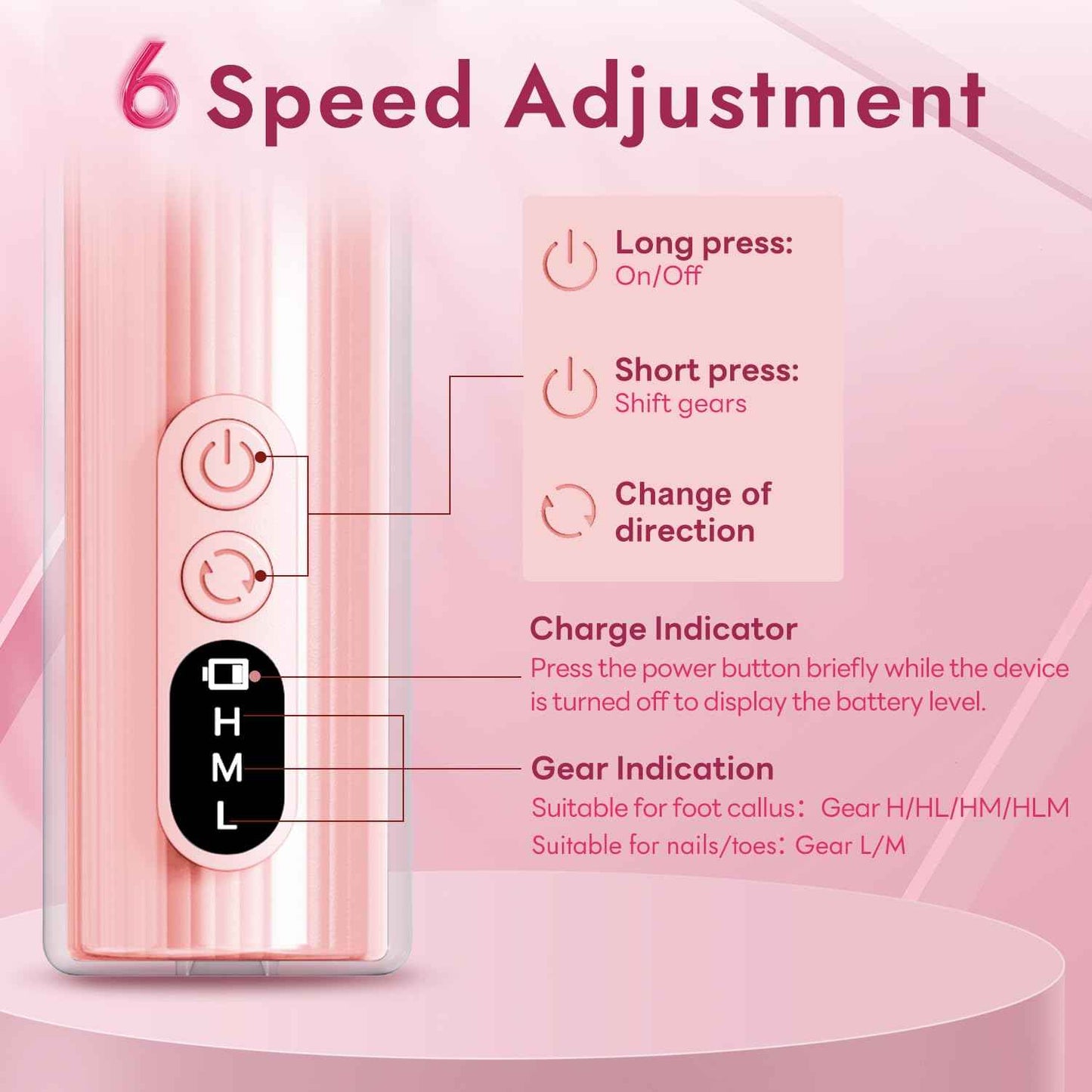 JINYAWA Electric Foot Callus Remover - 2-in-1 Rechargeable Cordless Foot File with LCD Display & 6 Speeds - Professional Foot Sander for Dead Skin, Thick Nails, Heels and Soles (Pink)