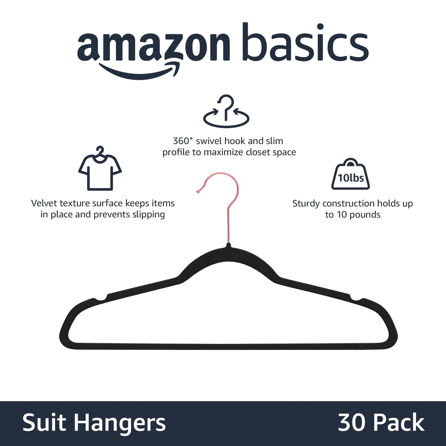 Amazon Basics Slim, Velvet, Non-Slip Suit Clothes Hangers, Black/Rose Gold - Pack of 30